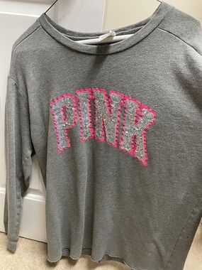 PINK Victoria's Secret Gray Sweatshirt with Silver Sequin Logo and Pink Accent